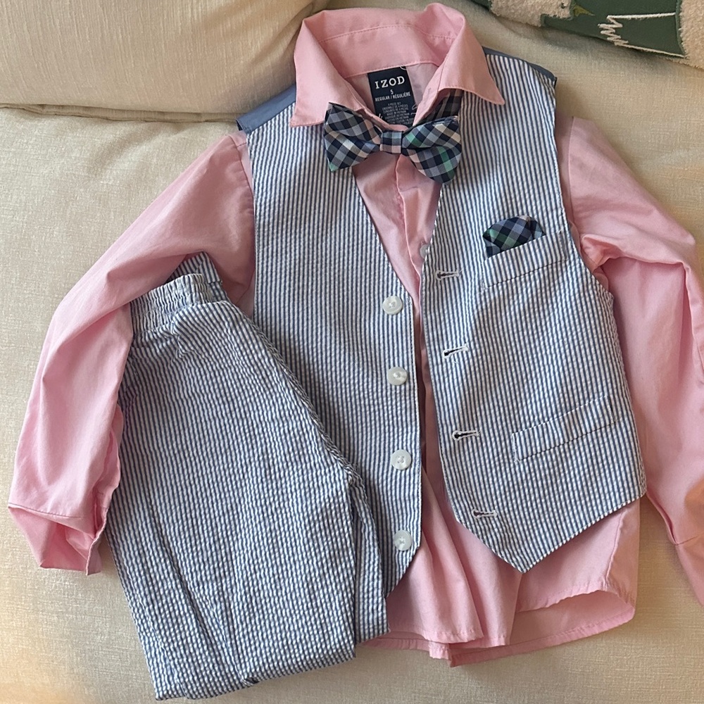 Izod Pink Shirt with Blue-White Seersucker Vest & Pants Set